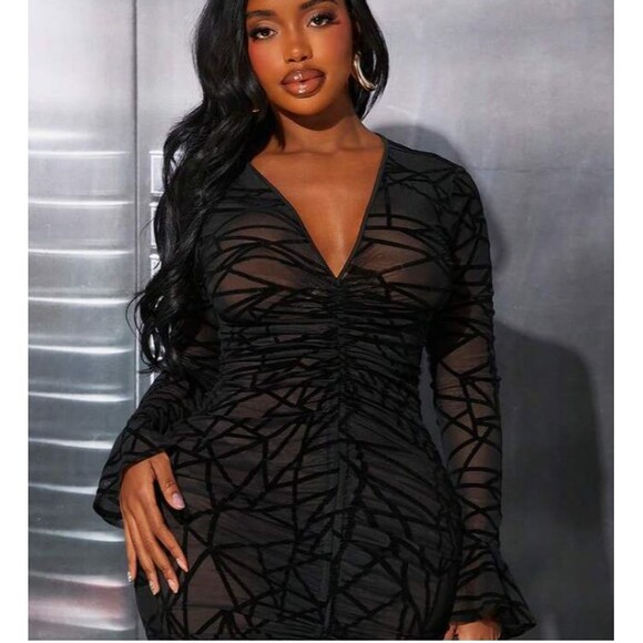 Dresses & Skirts - Ruffled Mesh Sheer Drawstring Black Bodycon Dress Sz 1X Festival‎ Club Cover-up